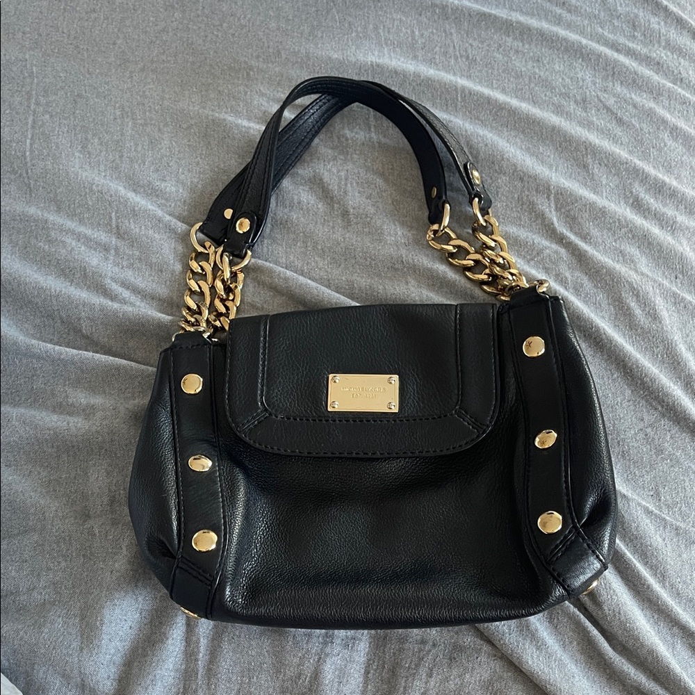 Michael Kors Black Leather Shoulder Bag with Gold Accents